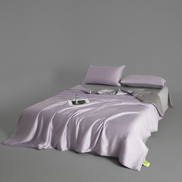 91家纺网 家纺一手货源 找家纺 AB家纺2025新品A类莱赛尔双拼50天丝空调夏被四件套 云霞紫-烟灰