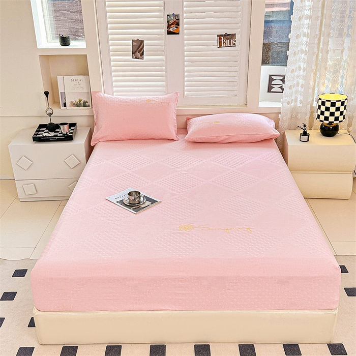 91家纺网 家纺一手货源 找家纺 曼町家居 2025新款全棉华夫格床笠 浅粉