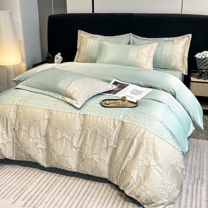 91家纺网 家纺一手货源 找家纺 子曰 2025新款金丝提花浮雕刺绣水洗真丝四件套 花语-绿