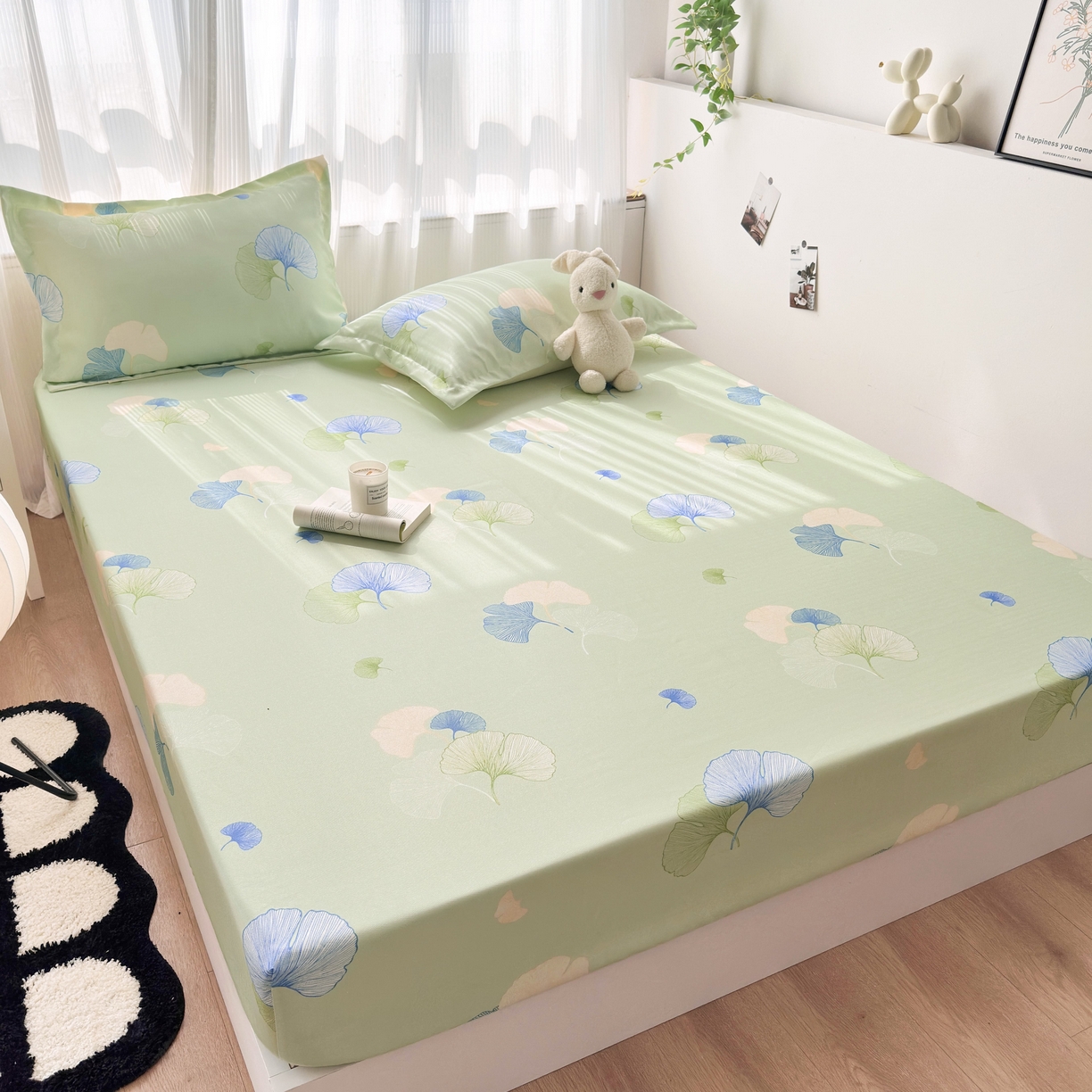 91家纺网 家纺一手货源 找家纺 乐居家纺 2025新款亲肤舒适活性印染水洗冰丝床笠 银杏叶-绿