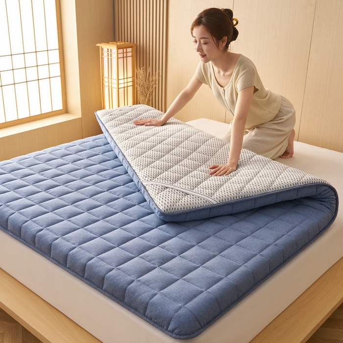91家纺网 家纺一手货源 找家纺 锦丝钰床垫 2025新款色织水洗棉棉花床垫 牛仔蓝