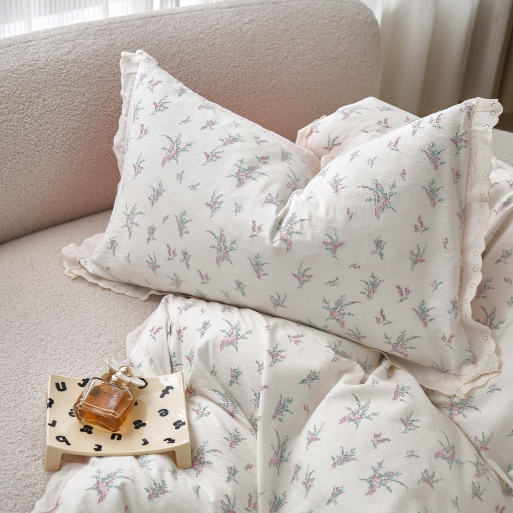 91家纺网 家纺一手货源 找家纺 漫仙阁家纺 2025新款双层纱花边款韩版四件套 白茶