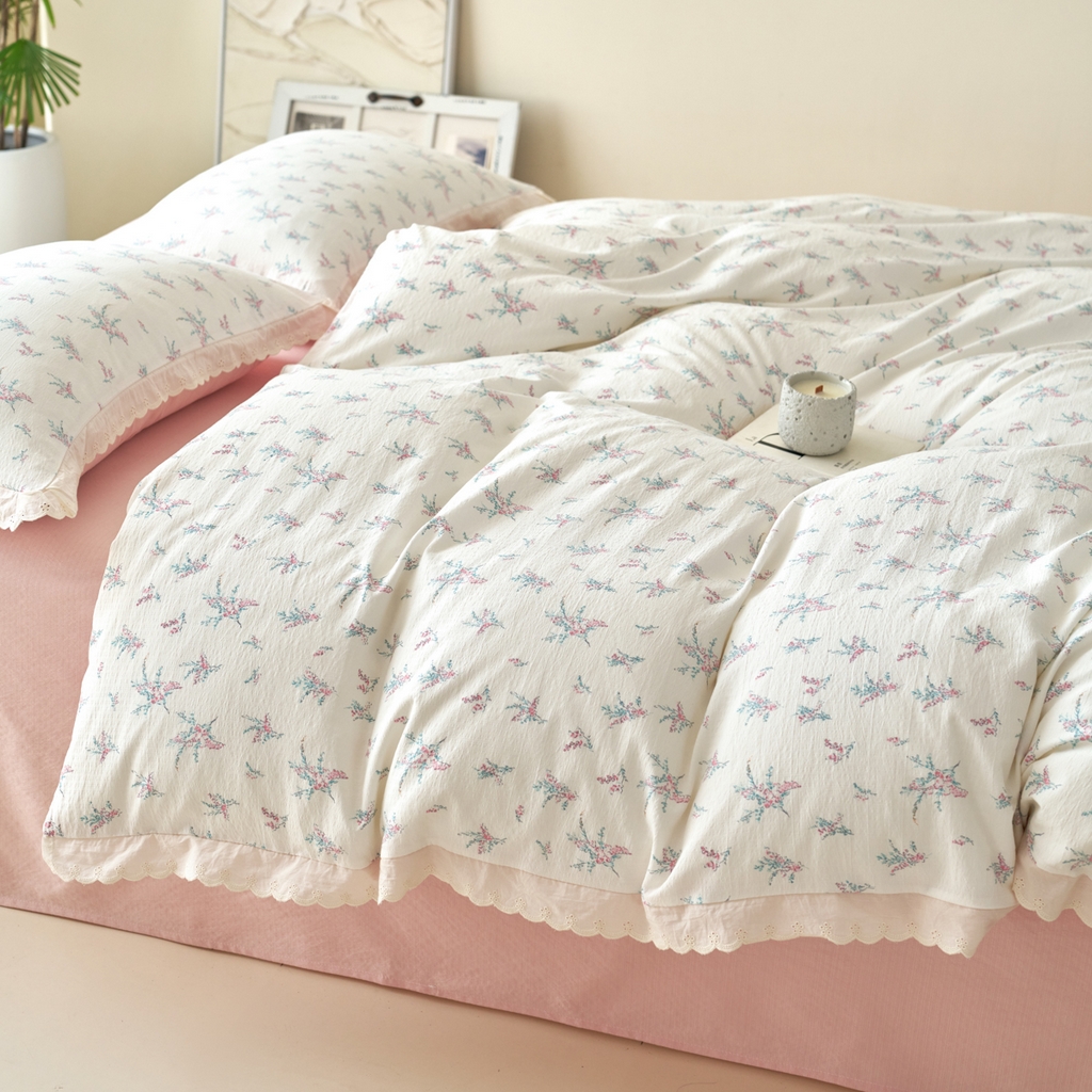 91家纺网 家纺一手货源 找家纺 漫仙阁家纺 2025新款双层纱花边款韩版四件套 白茶