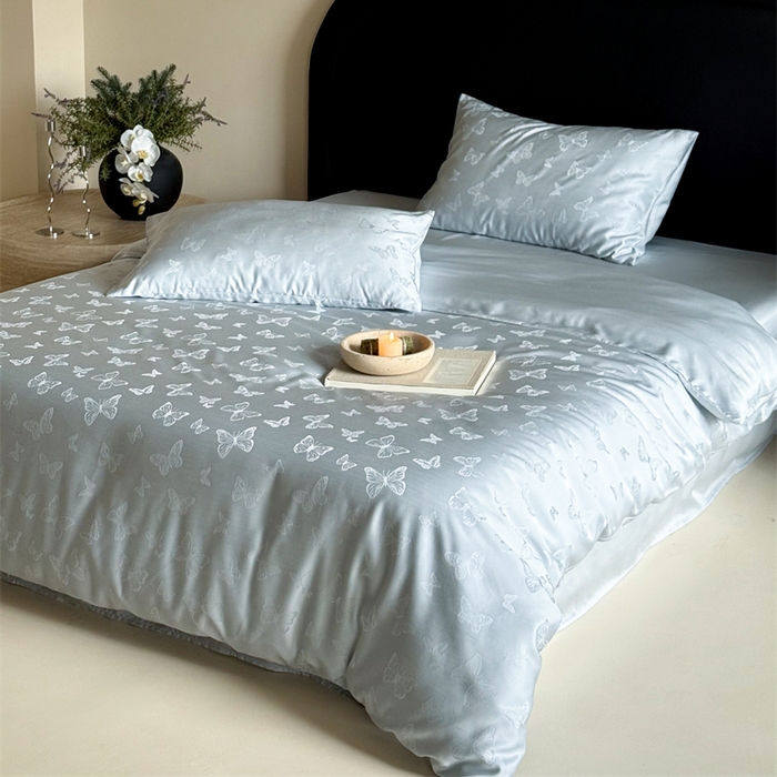 91家纺网 家纺一手货源 找家纺 FORTWO2025新款60支兰精天丝浮雕提花四件套		 云渺-蓝