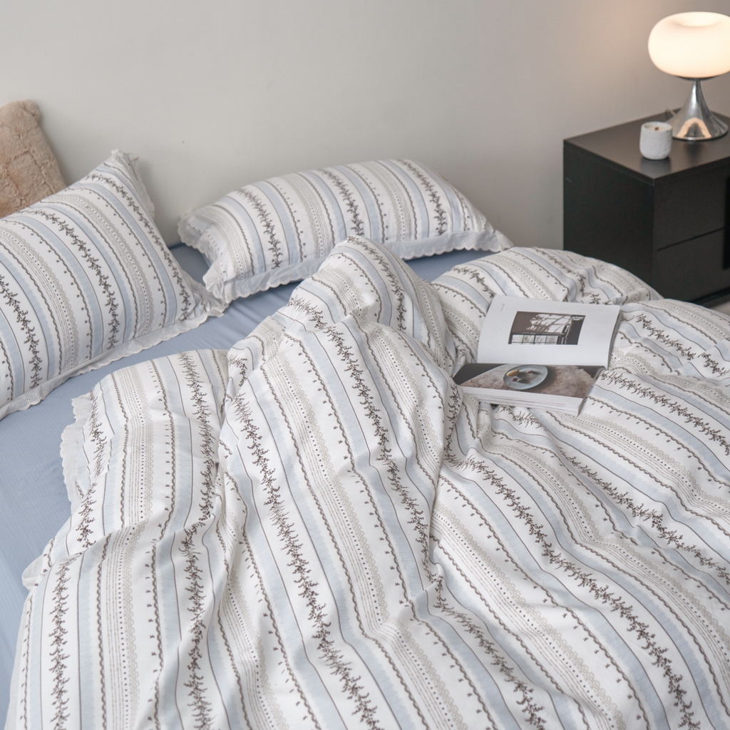 91家纺网 家纺一手货源 找家纺 漫仙阁家纺 2025新款双层纱花边款韩版四件套 茶野