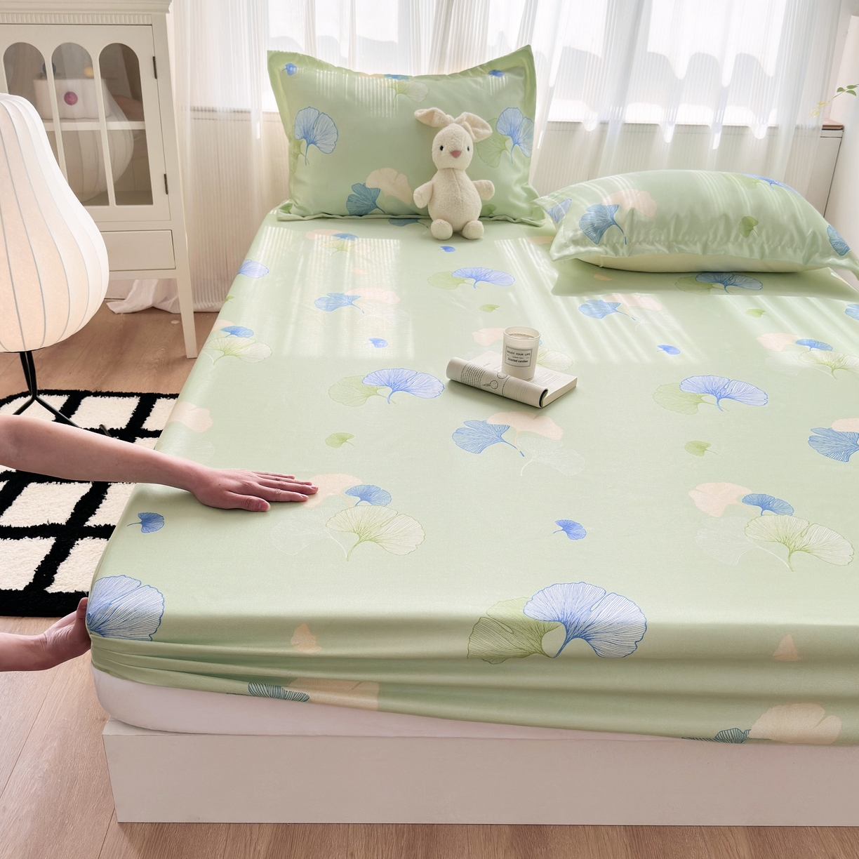 91家纺网 家纺一手货源 找家纺 乐居家纺 2025新款亲肤舒适活性印染水洗冰丝床笠 银杏叶-绿