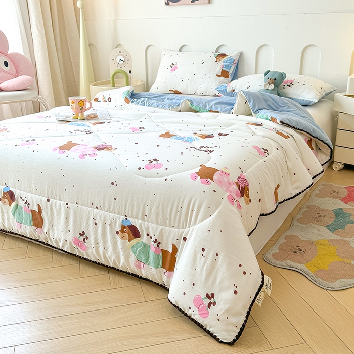 91家纺网 家纺一手货源 找家纺 熙宴家纺 2025新款A类水洗双层纱100%新疆棉花印花夏被空调被夏凉被 腊肠狗