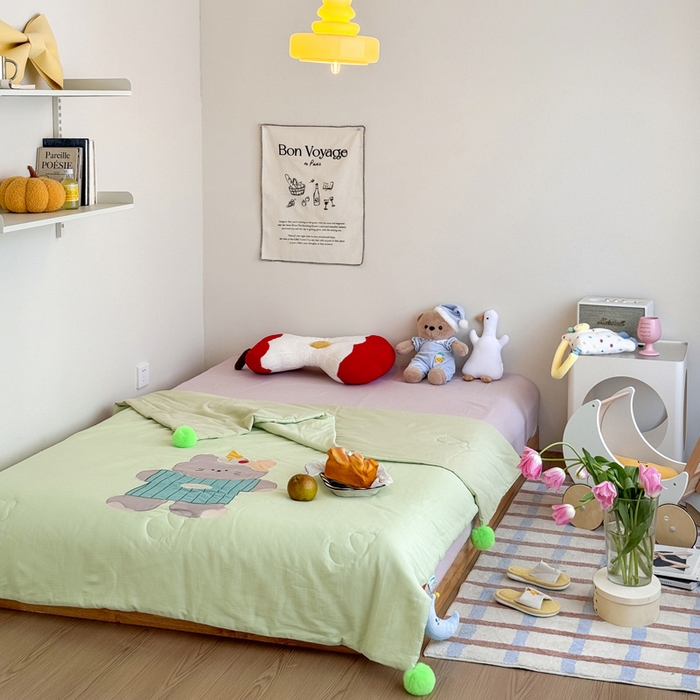 91家纺网 家纺一手货源 找家纺 喜多兔2025新款高精密人字棉贴布绣奶里奶气夏被夏凉被 绿色奶气小猫