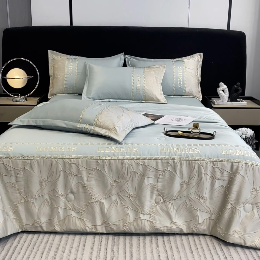 91家纺网 家纺一手货源 找家纺 子曰 2025新款金丝提花浮雕刺绣水洗真丝夏被四件套夏凉被空调被 花语-绿