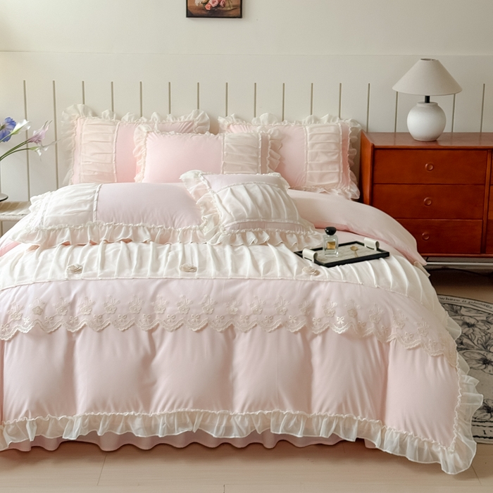 91家纺网 家纺一手货源 找家纺 狂想家 2025高定蕾丝糯小棉安妮系列四件套 蜜桃粉