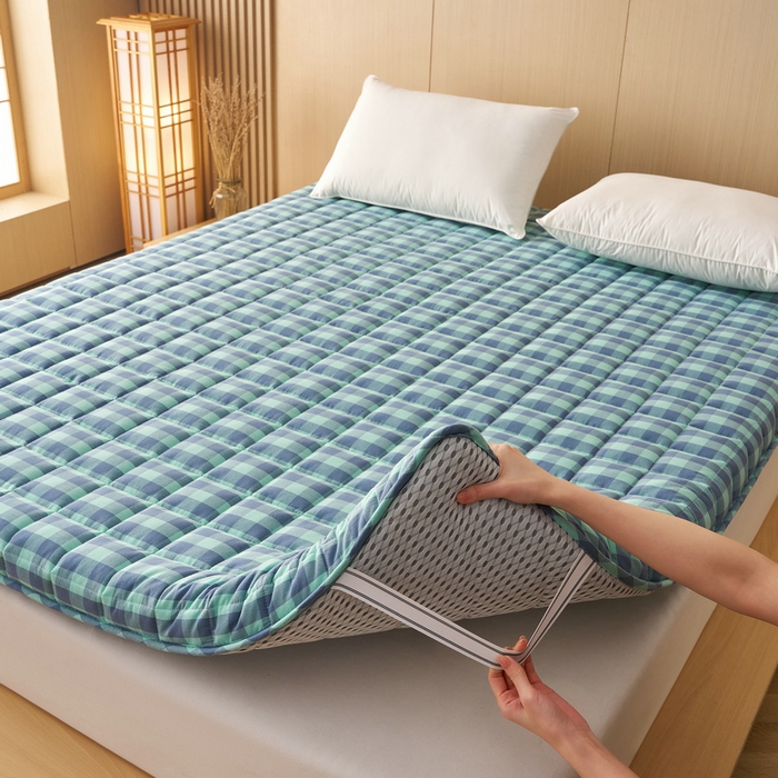 91家纺网 家纺一手货源 找家纺 锦丝钰床垫 2025新款色织水洗棉棉花床垫 蓝绿中格