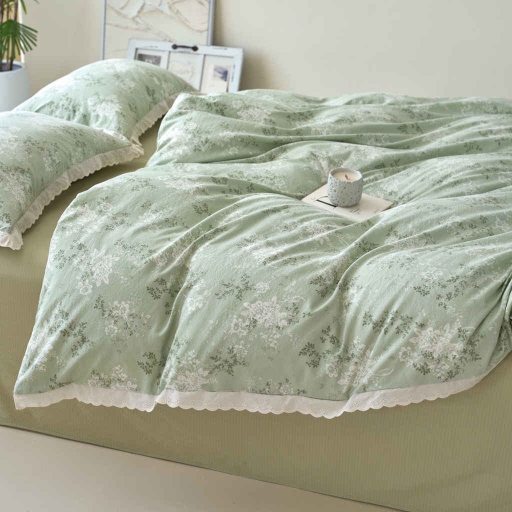 91家纺网 家纺一手货源 找家纺 漫仙阁家纺 2025新款双层纱花边款韩版四件套 绿意