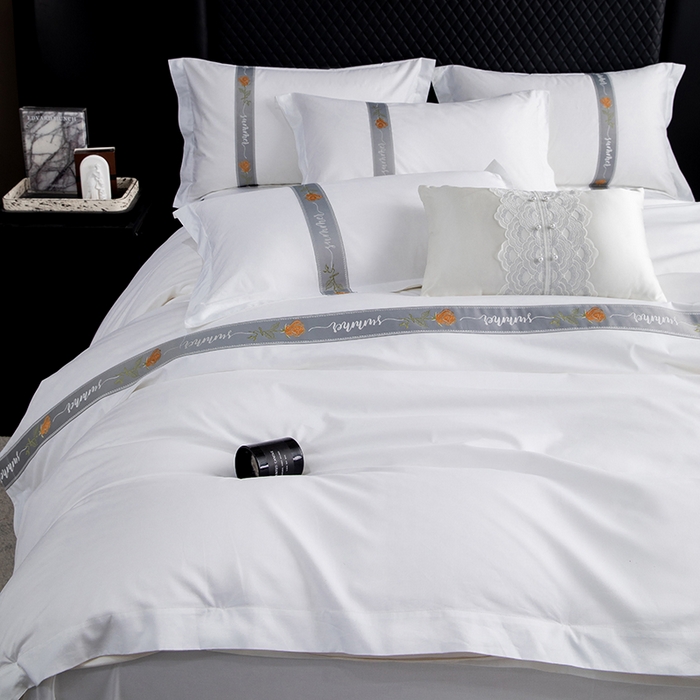 91家纺网 家纺一手货源 找家纺 优必恩 2025新款高支高密民宿酒店织带款四件套套件 浅青