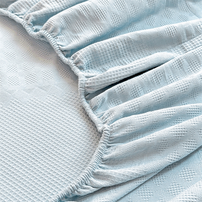 91家纺网 家纺一手货源 找家纺 曼町家居 2025新款全棉华夫格床笠 云水蓝