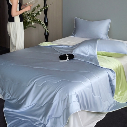 91家纺网 家纺一手货源 找家纺 （总）头等舱  2025新款水光缎冰肌锦氨A类55植物大豆7A抗菌夏被配包装模特图