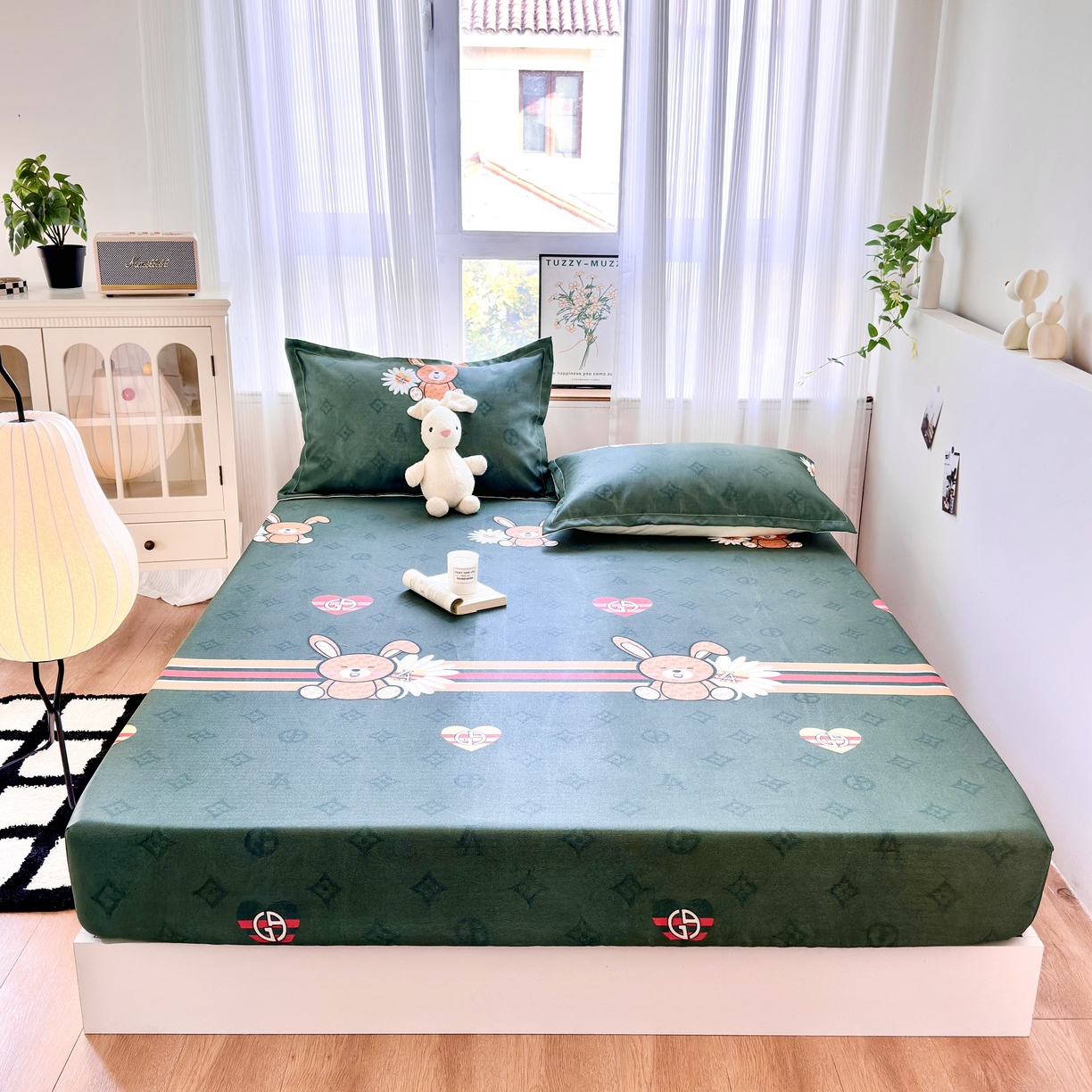 91家纺网 家纺一手货源 找家纺 乐居家纺 2025新款亲肤舒适活性印染水洗冰丝床笠 米妮兔-绿