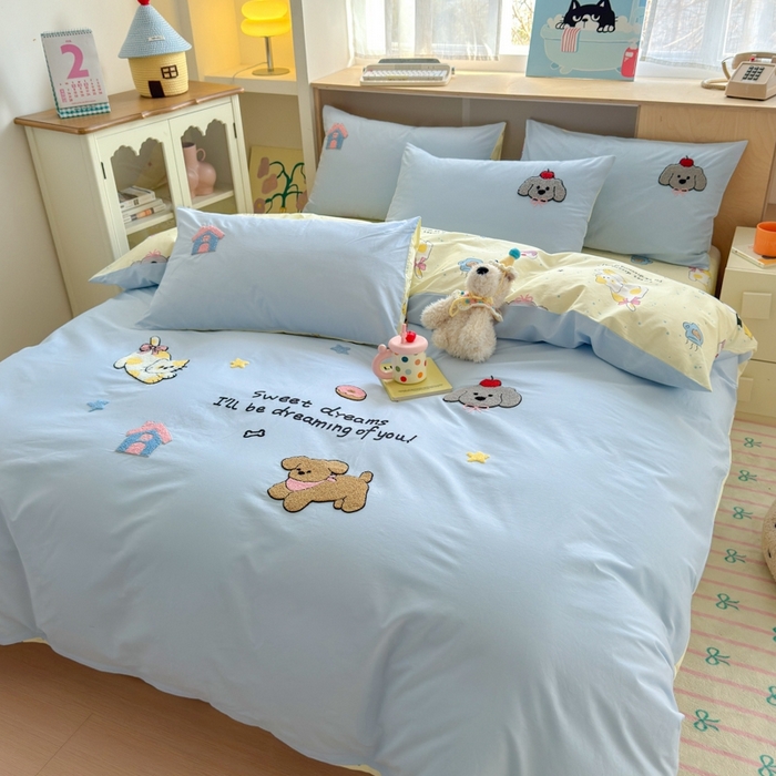 91家纺网 家纺一手货源 找家纺 如意朵2025新款全棉毛巾绣四件套 萌宠乐园