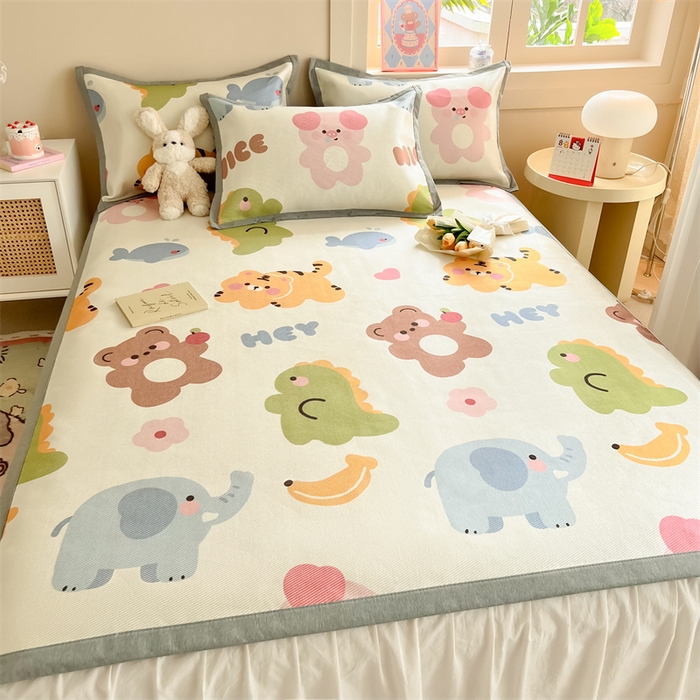 91家纺网 家纺一手货源 找家纺 典曼家纺 2025春夏新款250D冰丝宽边圆网冰丝凉席席子 动物乐园