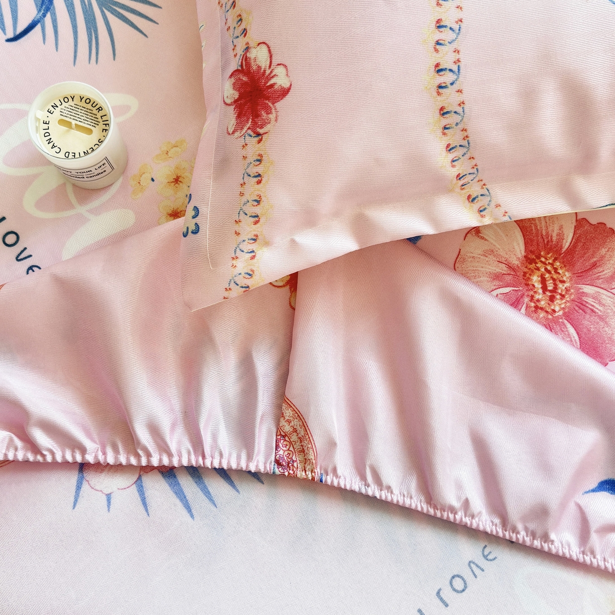 91家纺网 家纺一手货源 找家纺 乐居家纺 2025新款亲肤舒适活性印染水洗冰丝床笠 国色天香-粉