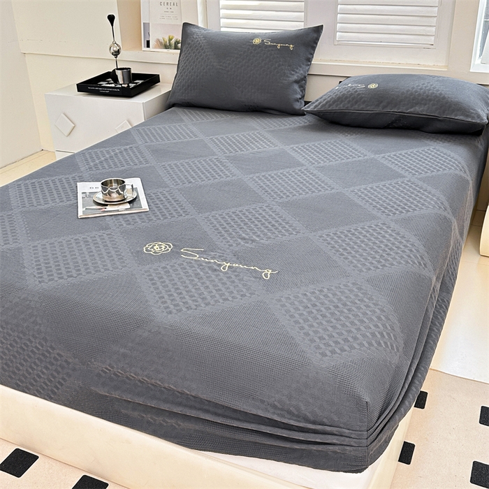 91家纺网 家纺一手货源 找家纺 曼町家居 2025新款全棉华夫格床笠 烟灰