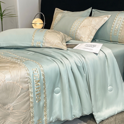 子曰 2025新款金丝提花浮雕刺绣水洗真丝夏被四件套夏凉被空调被 花语-绿