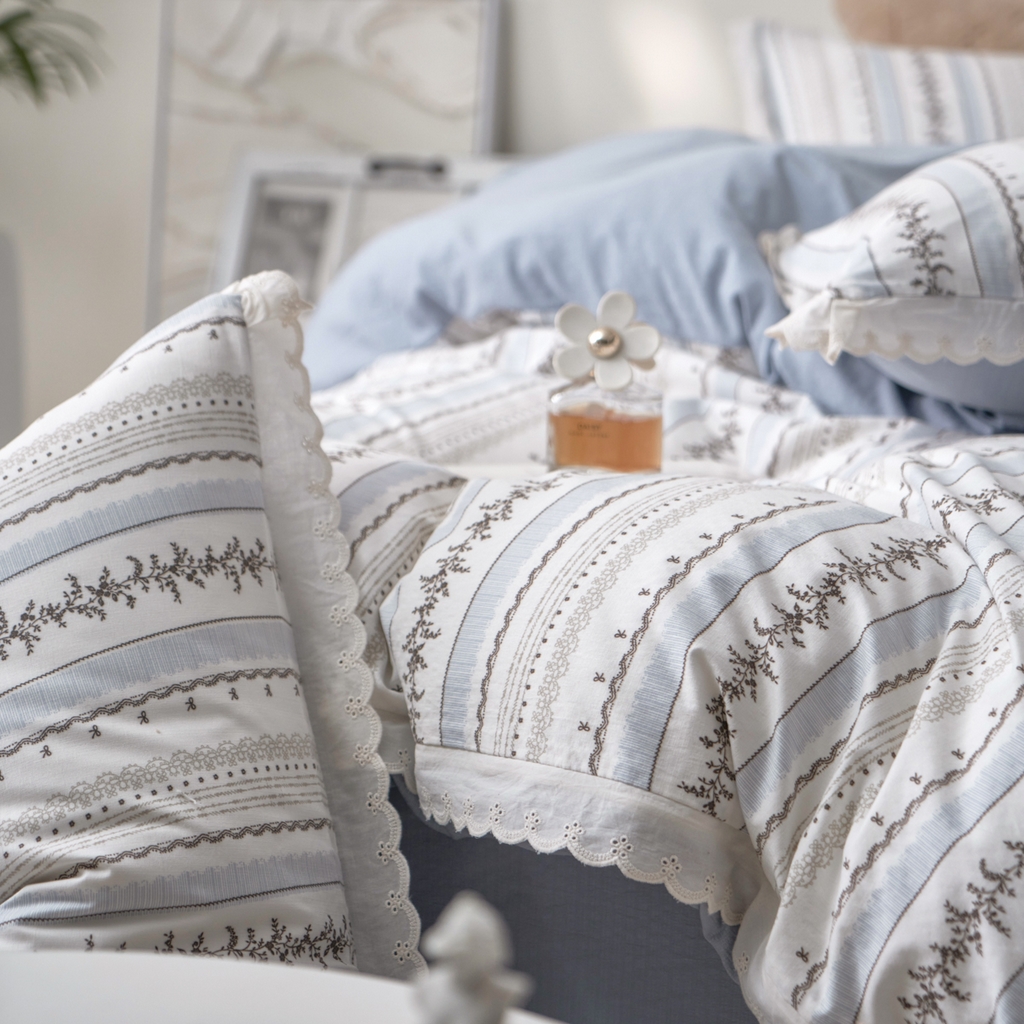 91家纺网 家纺一手货源 找家纺 漫仙阁家纺 2025新款双层纱花边款韩版四件套 茶野