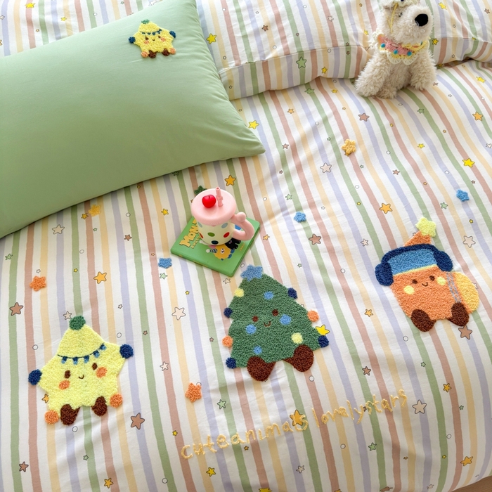 91家纺网 家纺一手货源 找家纺 如意朵2025新款全棉毛巾绣四件套 彩色星星