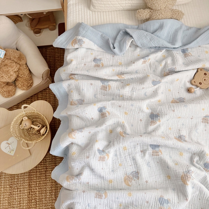 91家纺网 家纺一手货源 找家纺 BOSS 2025新款全棉纯棉皱皱纱儿童盖毯夏被  幼儿园夏被夏凉被空调被 晚安熊