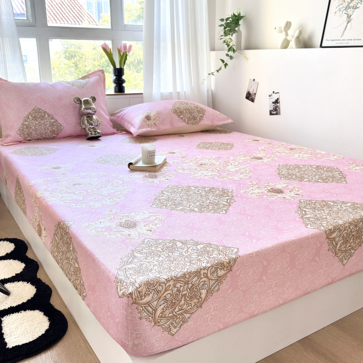 91家纺网 家纺一手货源 找家纺 乐居家纺 2025新款亲肤舒适活性印染水洗冰丝床笠 空谷幽兰-粉