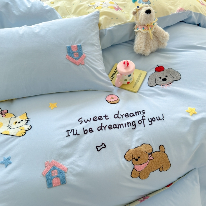 91家纺网 家纺一手货源 找家纺 如意朵2025新款全棉毛巾绣四件套 萌宠乐园