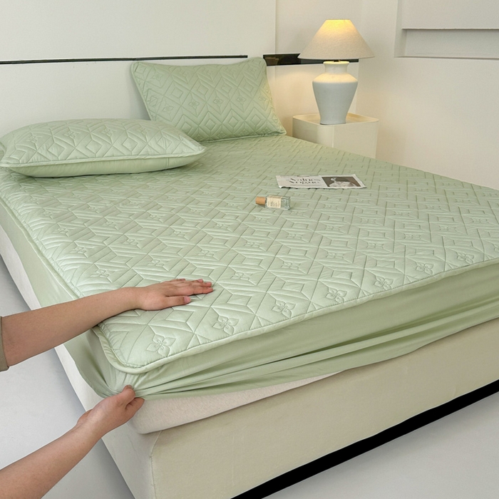 91家纺网 家纺一手货源 找家纺 云雀   2025新款舒适莱赛尔天丝夹棉床笠 菱格床笠-豆绿