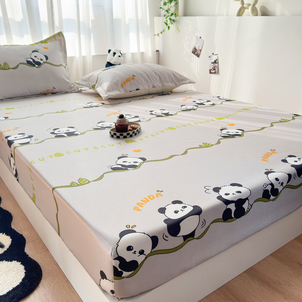 91家纺网 家纺一手货源 找家纺 乐居家纺 2025新款亲肤舒适活性印染水洗冰丝床笠 熊猫-灰