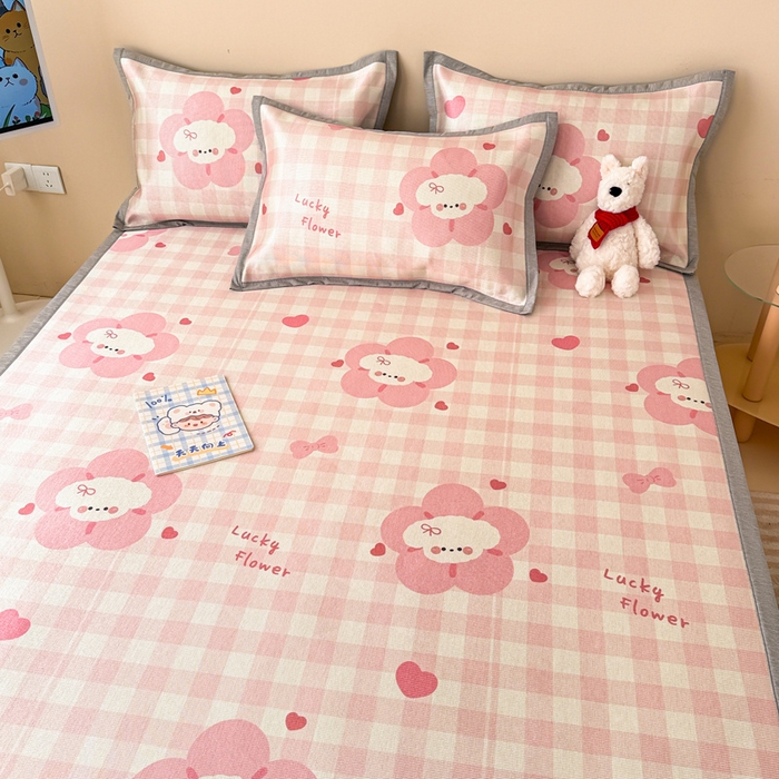 91家纺网 家纺一手货源 找家纺 典曼家纺 2025春夏新款250D冰丝宽边圆网冰丝凉席席子 花开狗狗