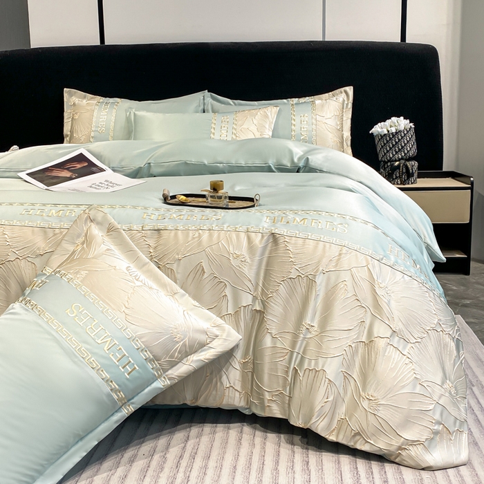 91家纺网 家纺一手货源 找家纺 子曰 2025新款金丝提花浮雕刺绣水洗真丝四件套 花语-绿