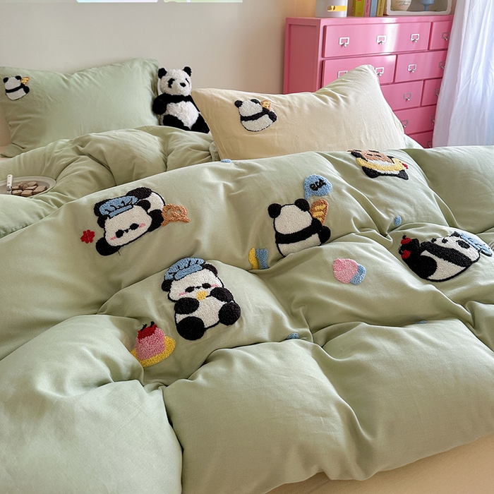 91家纺网 家纺一手货源 找家纺 TT.one 塔塔家居 2025新款全棉双层纱毛巾绣萌宠系列四件套 福气团团