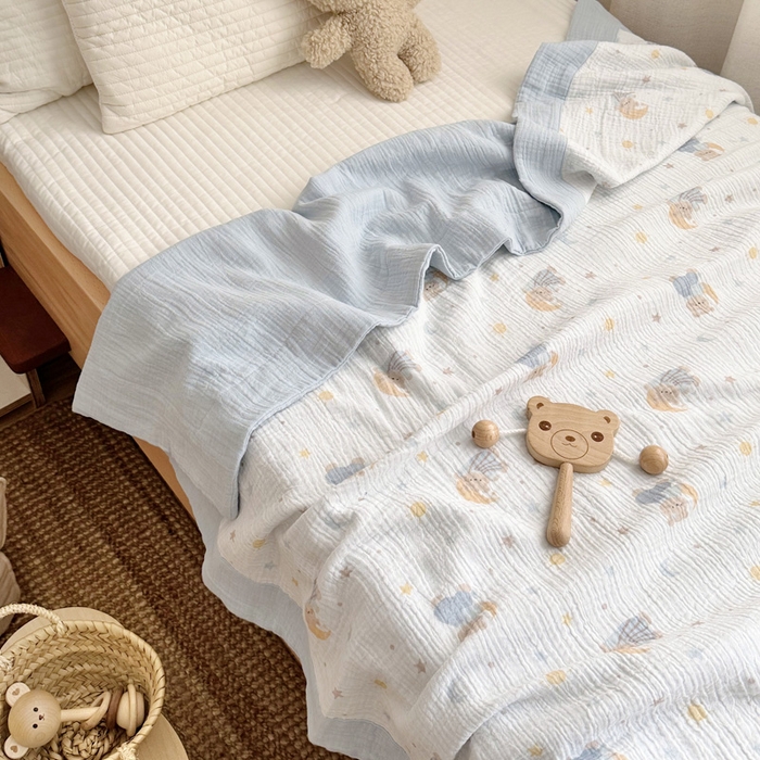 91家纺网 家纺一手货源 找家纺 BOSS 2025新款全棉纯棉皱皱纱儿童盖毯夏被  幼儿园夏被夏凉被空调被 晚安熊