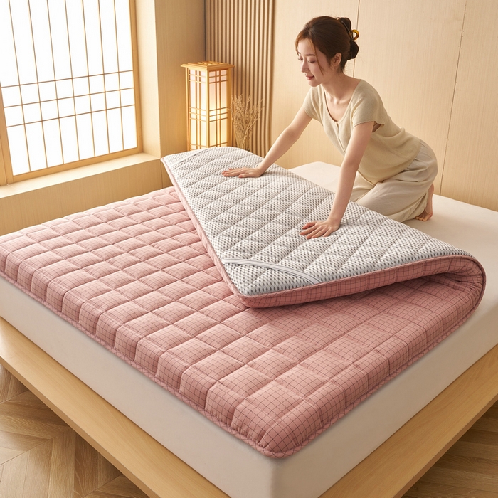 91家纺网 家纺一手货源 找家纺 锦丝钰床垫 2025新款色织水洗棉棉花床垫 小粉格