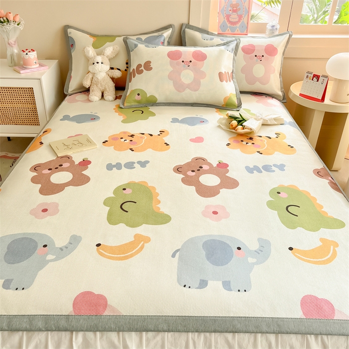 91家纺网 家纺一手货源 找家纺 典曼家纺 2025春夏新款250D冰丝宽边圆网冰丝凉席席子 动物乐园