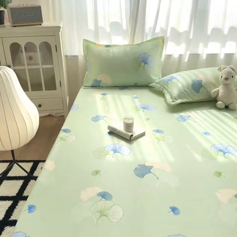 91家纺网 家纺一手货源 找家纺 乐居家纺 2025新款亲肤舒适活性印染水洗冰丝床笠 银杏叶-绿