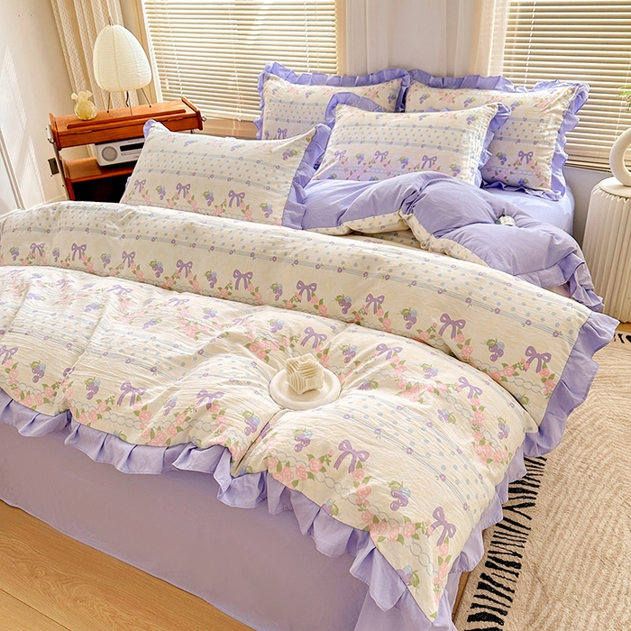 91家纺网 家纺一手货源 找家纺 佳一家纺 2025新款亲肤水洗棉四件套系列 蝴蝶结紫