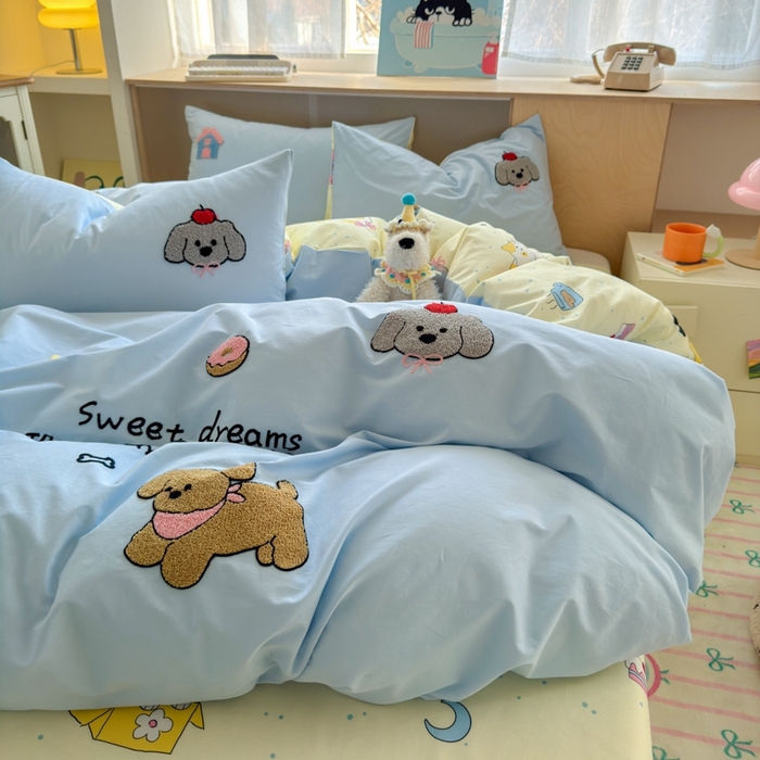 91家纺网 家纺一手货源 找家纺 如意朵2025新款全棉毛巾绣四件套 萌宠乐园