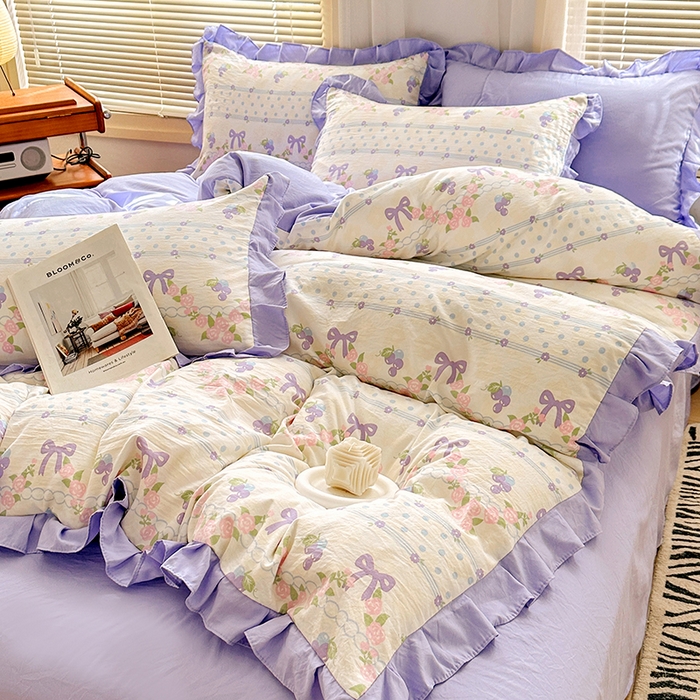 91家纺网 家纺一手货源 找家纺 佳一家纺 2025新款亲肤水洗棉四件套系列 蝴蝶结紫