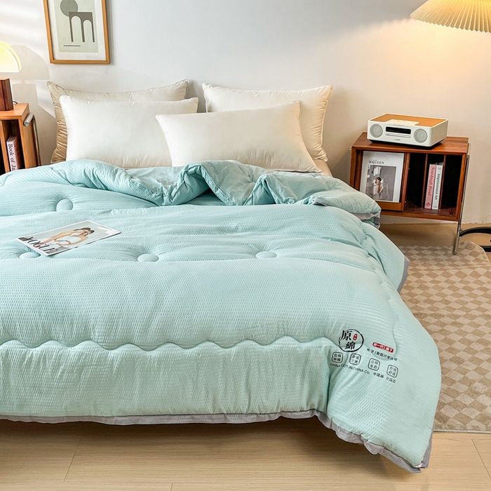 91家纺网 家纺一手货源 找家纺 百花王2025新款泡泡棉纯色简约升级款大豆被子被芯 原棉大豆被泡泡升级款 -墨绿色