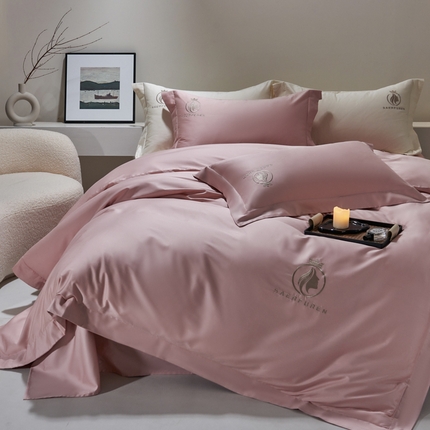 91家纺网 家纺一手货源 找家纺 （总）沃尔居 2025新款纯棉全棉四件套纯棉长绒棉四件套刺绣绣花纯色贡缎床笠款高端礼盒装