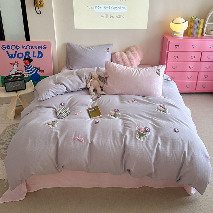 91家纺网 家纺一手货源 找家纺 TT.one 塔塔家居 2025新款全棉双层纱毛巾绣萌宠系列四件套 浪漫假日