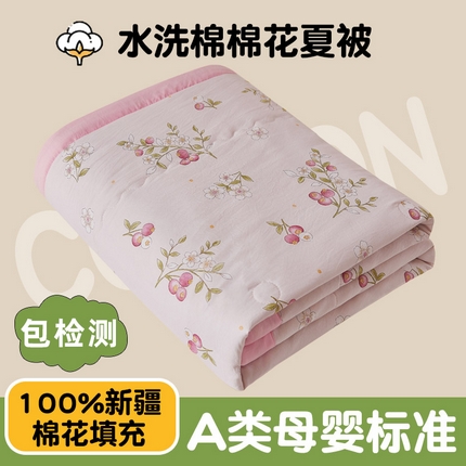 鑫佰利 2025新款A类水洗棉印花纯棉花夏被子被芯 花满枝头粉
