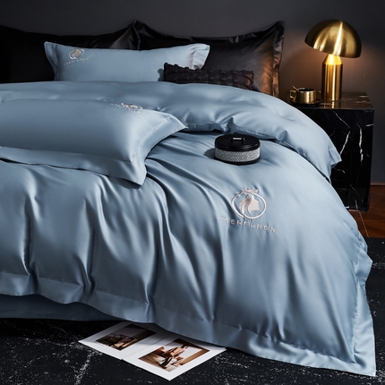 91家纺网 家纺一手货源 找家纺 （总）沃尔居 2025新款纯棉全棉四件套纯棉长绒棉四件套刺绣绣花纯色贡缎床笠款高端礼盒装