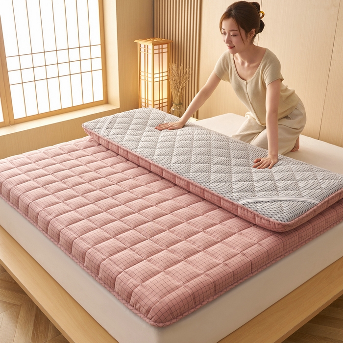 91家纺网 家纺一手货源 找家纺 锦丝钰床垫 2025新款色织水洗棉棉花床垫 小粉格