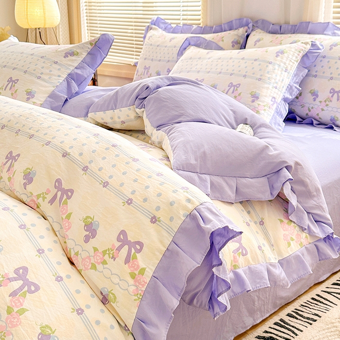 91家纺网 家纺一手货源 找家纺 佳一家纺 2025新款亲肤水洗棉四件套系列 蝴蝶结紫