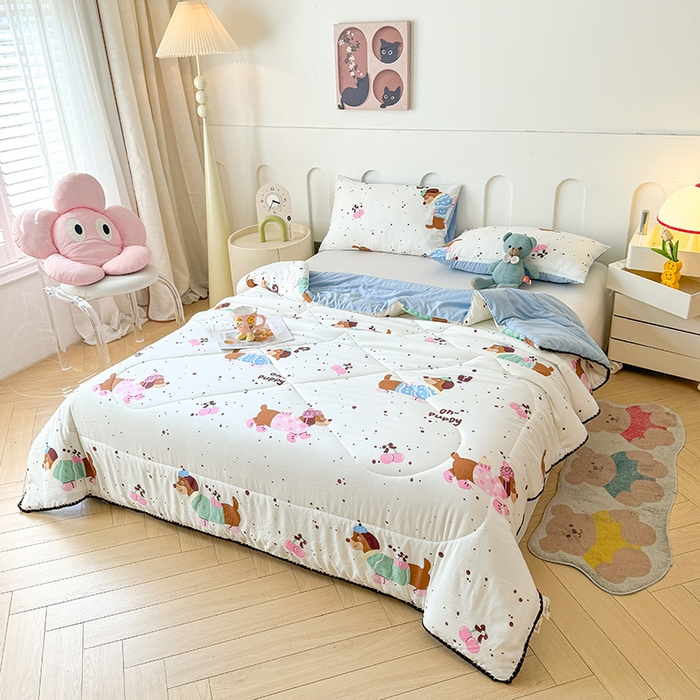 91家纺网 家纺一手货源 找家纺 熙宴家纺 2025新款A类水洗双层纱100%新疆棉花印花夏被空调被夏凉被 腊肠狗